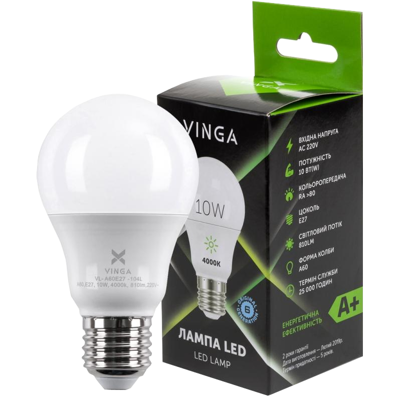 Лампа світлодіодна Vinga A60, 10Вт, E27, 4000К (VL-A60E27-104L)